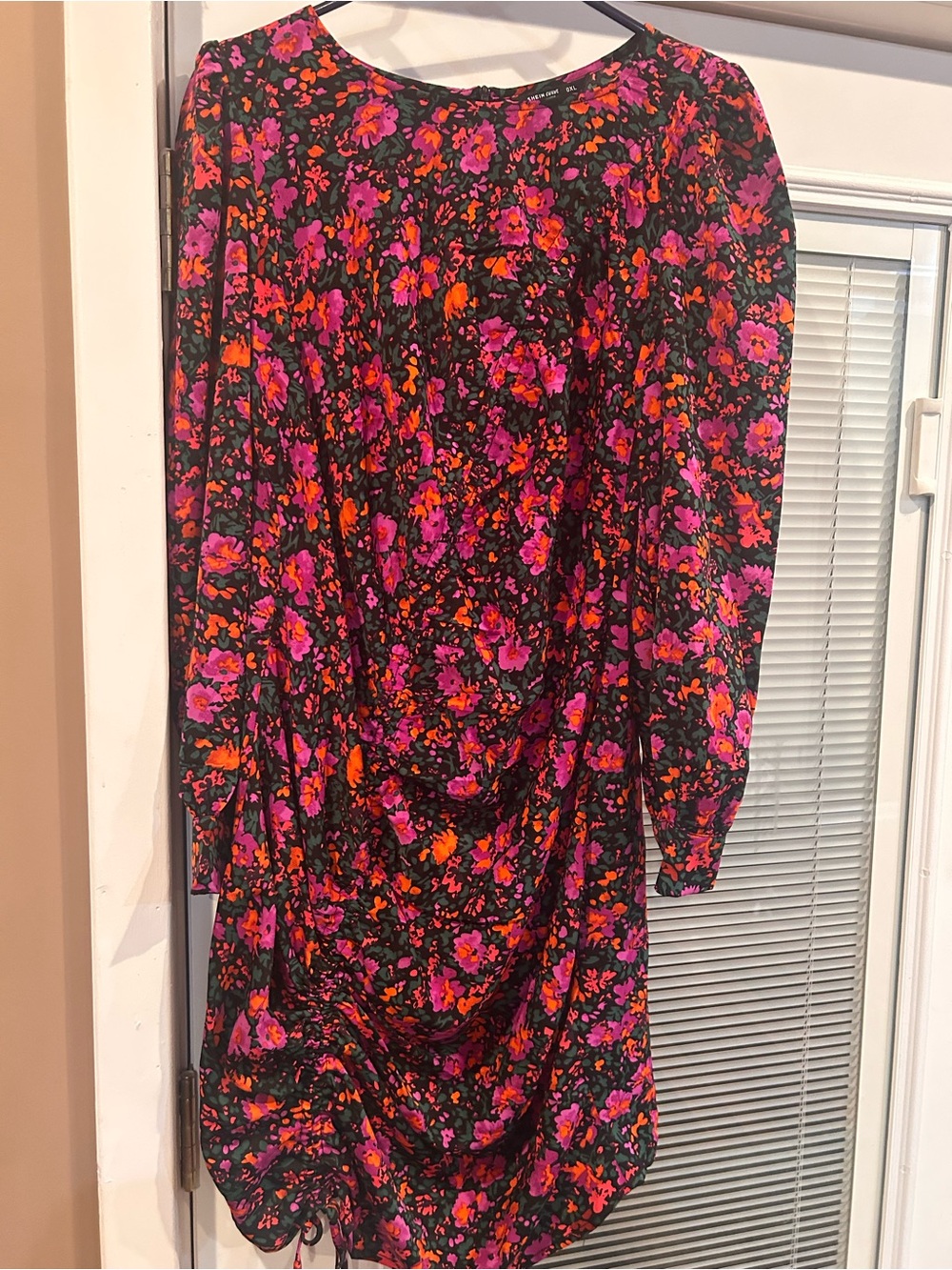SHEIN Black Floral Long Sleeve Shift Dress with Pink & Orange Blooms